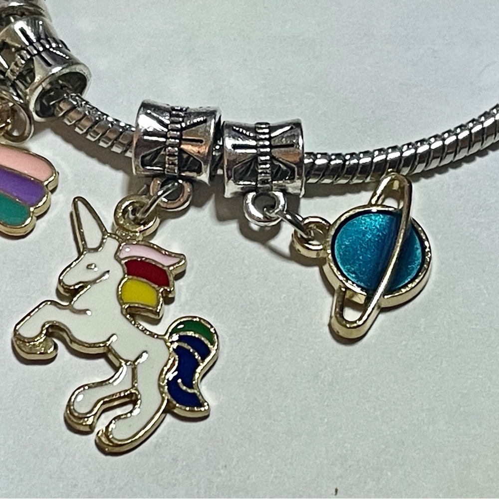 Kawaii Unicorn Rainbow Charm Pandora Style Bracelet, Colorful Enamel Charms, Y2K - Picture 11 of 16